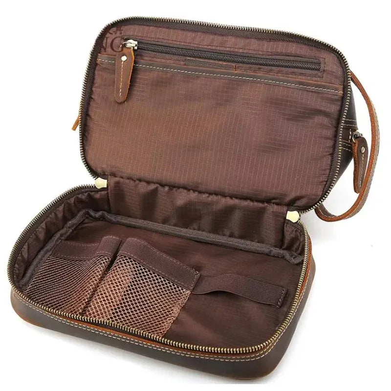 trousse de toilette homme en cuir marron fonce